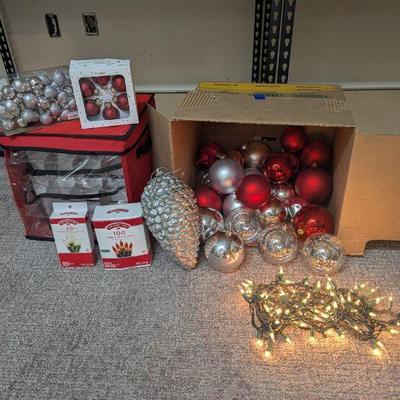Lot #114 - Holiday Decor Lot - Ornaments, Lights, and Storage.