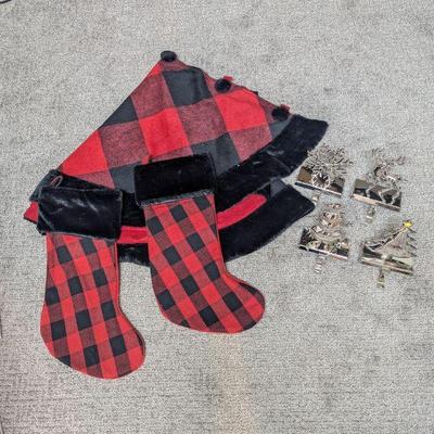 Lot #124 (A) - Christmas Decor Lot - Red and Black Buffalo Check Stockings, Tree Skirt, and Metal Stocking Holders