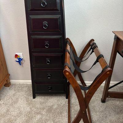 Lot #26 - Luggage Stand & Tall Chest of Drawers - Black and Brown Finish