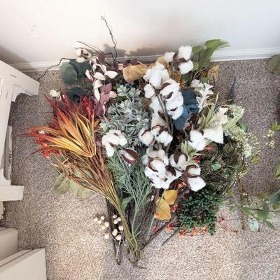 Lot #34 - Assorted Artificial Flower Lot - Cotton, Eucalyptus, Dried Flowers & Wreath.