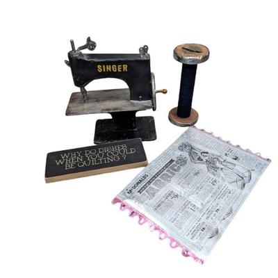 Lot #88 - Antique Singer Sewing Machine Replica Model with Decorative Quilting/Sewing Related Items.