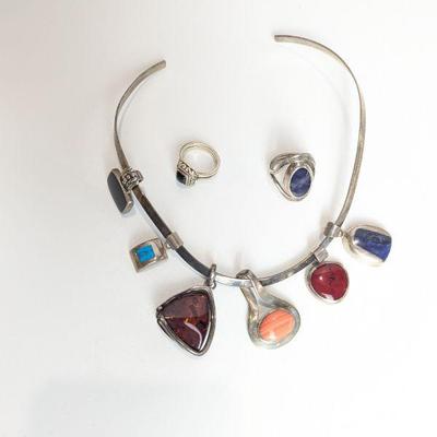 Lot #59 - Vintage Silver Jewelry Lot - Rings and Pendant Necklace