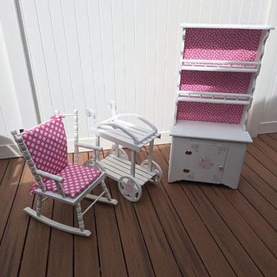 Lot #142 - Children's Furniture Set - White Rocking Chair, Cart, and Shelf.
