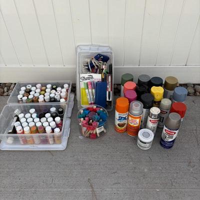 Lot #185 - Assorted Art Supplies Lot - Acrylic Paints, Spray Paints, Foam Shapes and More