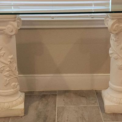 Long Side Glass Table With Stone Pillars 