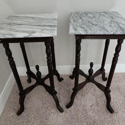 2 Mahogany Plant Stands With Marble Top 