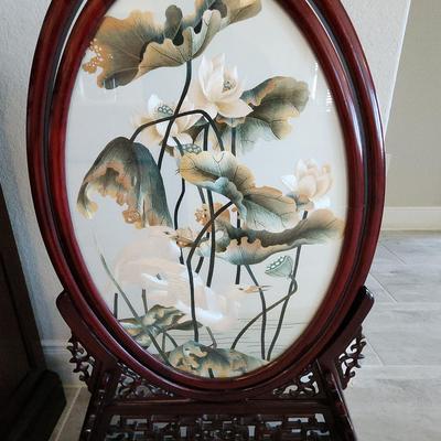Chinese Silk Embroidery Displayed On A Rotating  Stand 