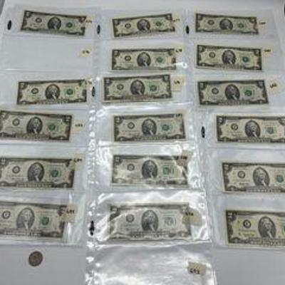 Lot of $2 Dollar Bills Series 1976, 1995, 2003, 2013 (17) incl star notes, good