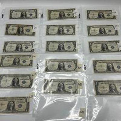 Lot of 1934 (1) & 1935 (15) $1 silver certificates (16)