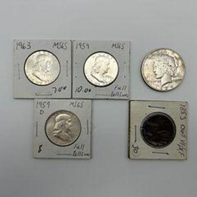1853 One Cent, 1959 (2) & 1963 Franklin Half Dollar, 1934 Liberty Silver Dolla