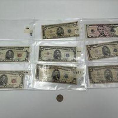 Lot of $5 Dollar Bills, Red Stamps, Star Notes, 1953, 1963, 2006 (8)