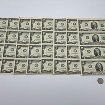 8 Uncut Sequential Sheets $2 Dollar Bills Series 2003 988246442-99444642 (32 bills)