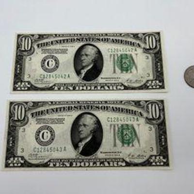 Sequential $10 Dollar Bills 1928 Series 12845042-43 (2)