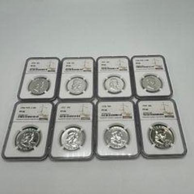 PF 66 NGC Graded Ben Franklin 50 cent Coins 1956-1959 (8)