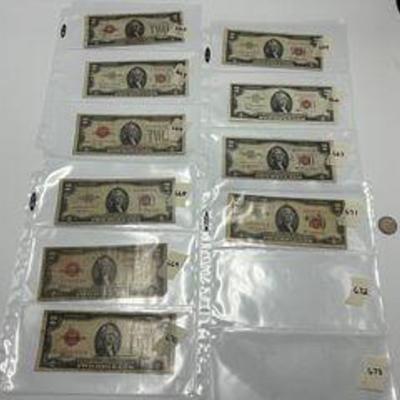 Lot of Red Stamp $2 Dollar Bills Series 1928, 1953, 1963 (10) incl star notes