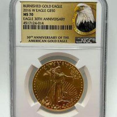 NGC MS 70 Burnished Gold Eagle 2016 W eagle G$50 Eagle 30th