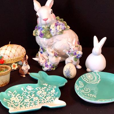 Adorable Vintage Bunny Salt and Pepper with Large Ceramic Bunnie Dish for your Easter Decor