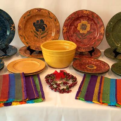 Dinner Plates, Salad Plates, Serving/mixing Bowl, Placemats And Red Decor Glass 