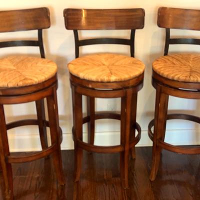 Set Of 3 Ballard Designs Marguerites Stools W/360 Swivel & hand Rushed Seats 