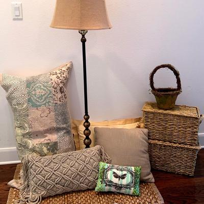 Floor Lamp, Decorative Throw Pillows, And Basket Storage