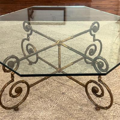 Hollywood Regency Faux Bamboo Gilt Metal Glass Top Coffee Table