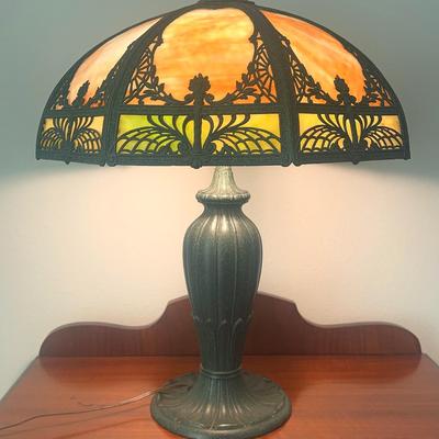 Antique Art Nouveau Table Lamp Bronze Base W/Slag Glass Shade