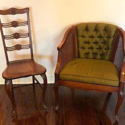Mid Century Caned Barrel Chair & 3 Slat Ladder Back Wood Side Chair