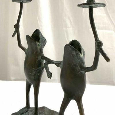 271: Vtg Brass Whimsical Dancing Frogs Candelabra
