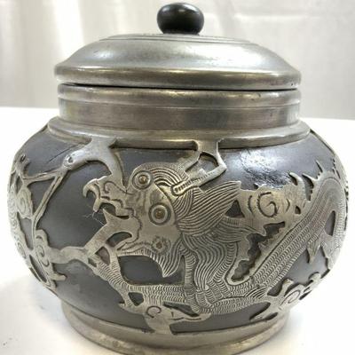 657: Signed Vtg Asian Ceramic & Pewter Dragon Jar W Lid
