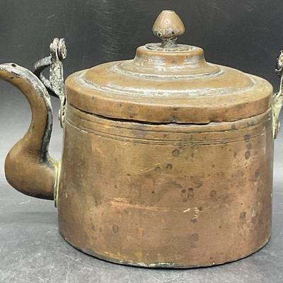 637: Vintage Copper Top Handle Tea Kettle, Lidded
