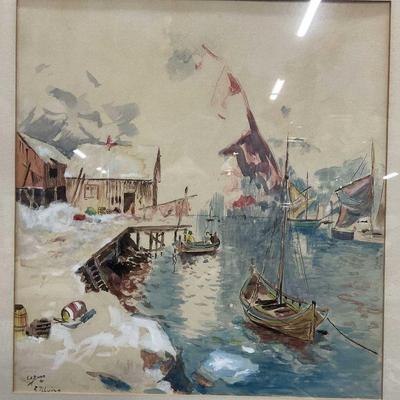 469: Signed L. R. Burr Harbor Scene Watercolor Painting
