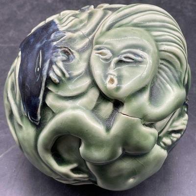 432: Vntg Handmade Glazed Nude Figural Pottery Sphere
