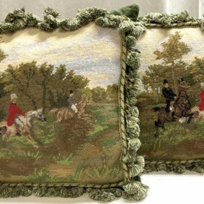 493: Vtg Custom Made Needlepoint Fox Hunt Pillows W
