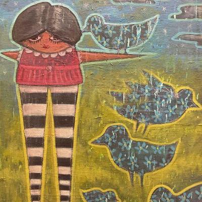 147: XL Graffiti Style Girl with Bird Painting, 4 Ft
