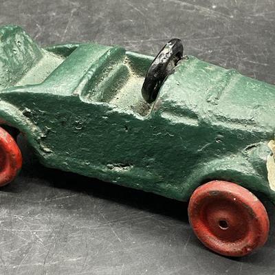 444: Vintage Green & Red Iron Car Figural Toy, Wheeled
