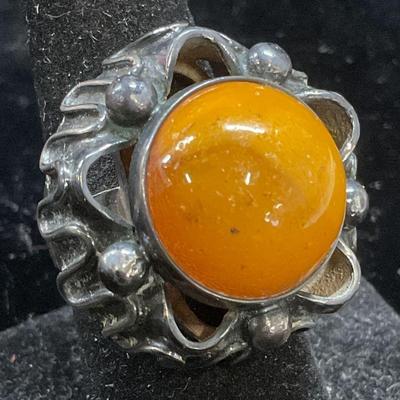 220: Vintage Hallmarked Sterling Silver Amber Ring
