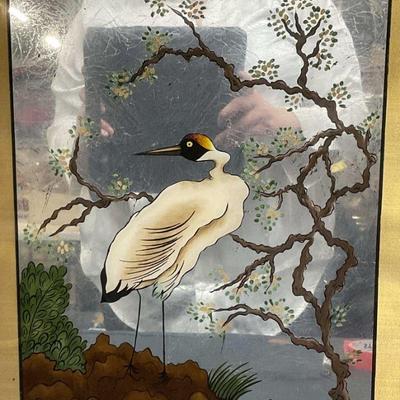 707: Framed Crane Mixed Media Mirror Painting
