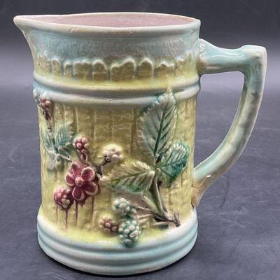 236: Signed Vntg Berry Motif Majolica Pottery Pitcher
