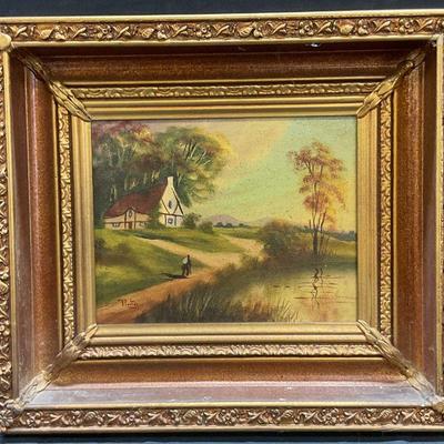 380: Signed Pinto Rural Exterior House Oil Painting

