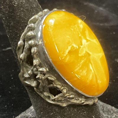 688: Signed BA Sterling Silver Amber Ring
