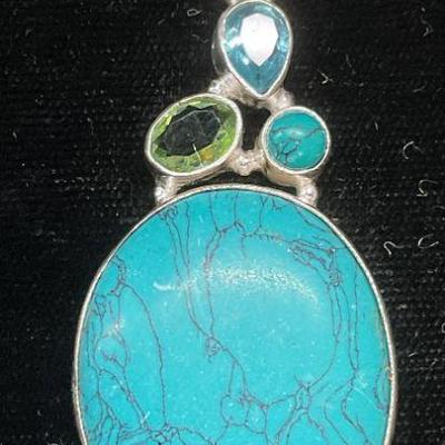 512: Sterling Silver Crystal Faux Turquoise Pendant

