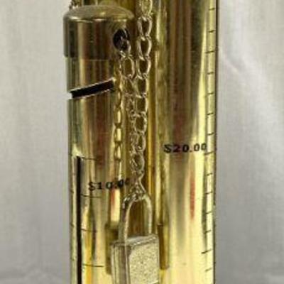 567: Vntg Gilt Metal Tower Tube Coin Bank W Lock
