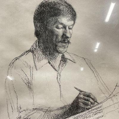 97: Signed Framed Portrait of a Man Drawing

