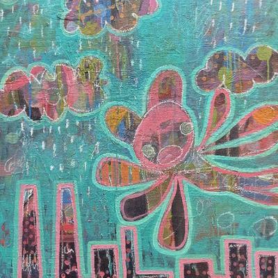 146: Signed Graffiti Cityscape w Flower Painting 4 Ft T
