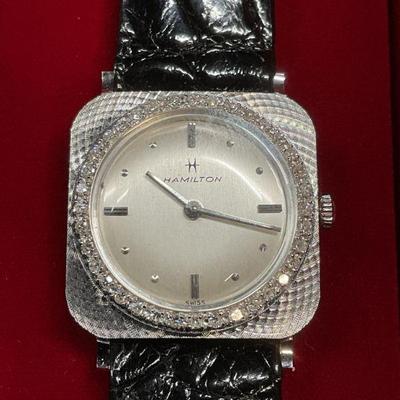 402: HAMILTON 14K GOLD DIAMOND ALLIGATOR LEATHER WATCH
