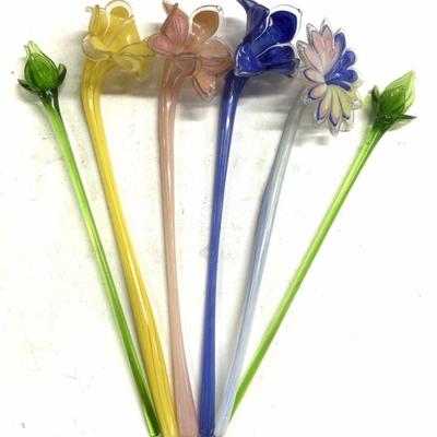 777: MURANO Lot 6 Long Stem Art Glass Flowers
