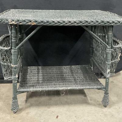72: Vintage Green Woven Wicker Side Table W/ Storage
