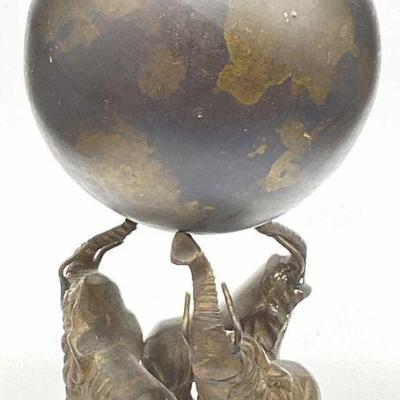 551: Vintage Brass Trio Of Trunk Up Elephants W/ Sphere
