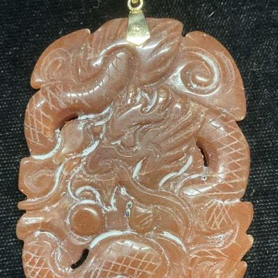 101: Asian Russet Jade Dragon Pendant, 14k Gold
