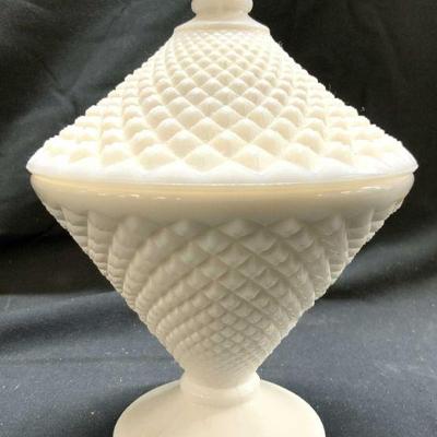 603: Vintage Milk Glass Pedestaled Vessel W Lid
